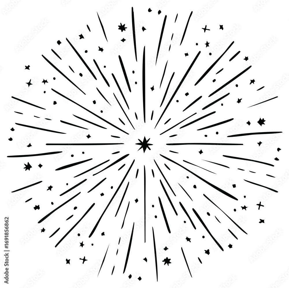 Obraz premium Hand drawn starburst illustration with stars and dots forming explosion design black on white background