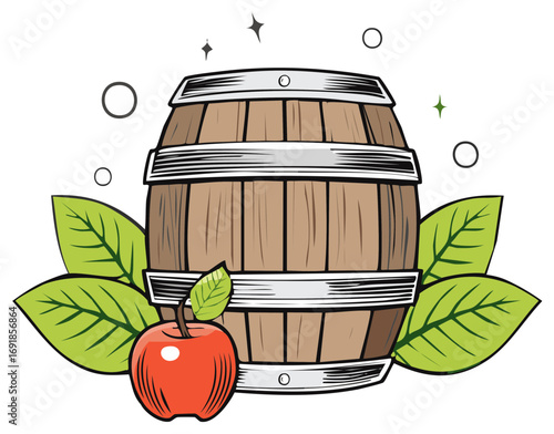 Wooden barrel with apple and leaves, traditional beverage storage illustration
