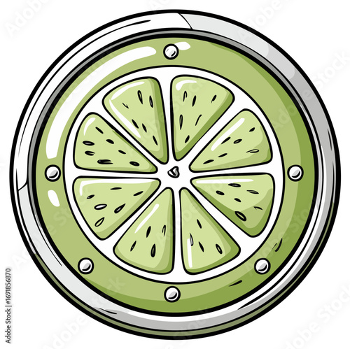 Stylized illustration of a lime slice with a metallic border and rivets