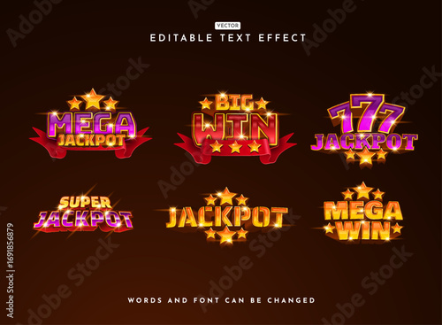 Set of Glossy Editable Text Effects — Mega Win, Big Win, and Jackpot Frame Banner Templates for Casino, Slot, and Game Design