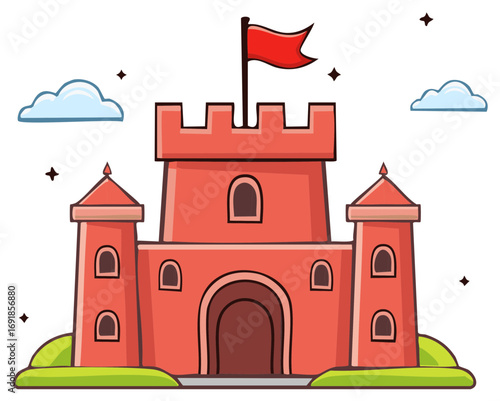 Cartoon illustration of a red castle with a flag, clouds, and stars.