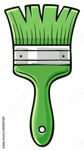 Simple green paintbrush tool with splayed bristles in a bold cartoon style illustration