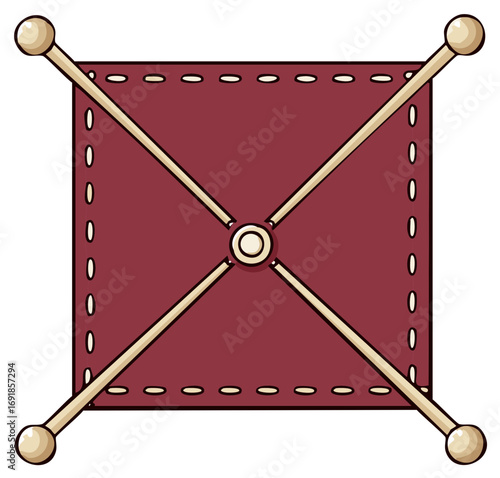 Stylized illustration of a square maroon banner with crossed poles and ornamental balls