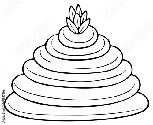 Simple Line Art of a Layered Pyramid Cake with Mint Garnish for Coloring