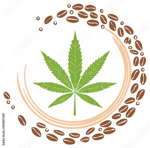 Illustration of a green cannabis leaf with a dynamic swirl of roasted coffee beans