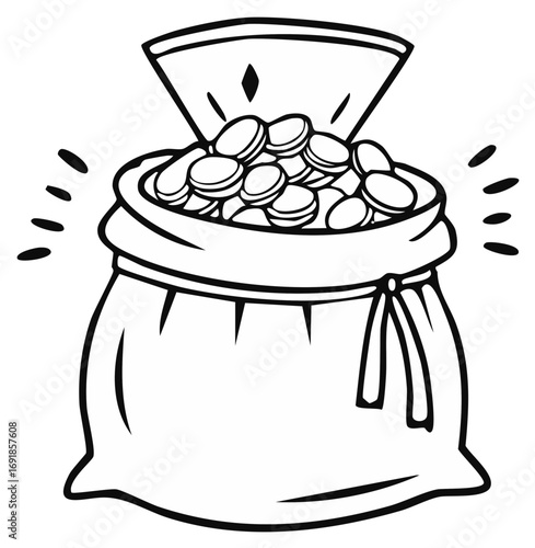 Cartoon style money bag filled to the brim with glittering coins, a symbol of finance and riches.