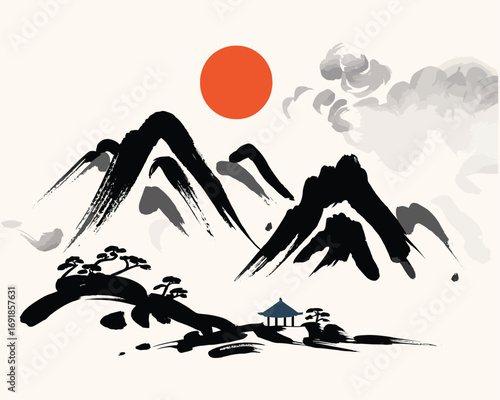 Beautiful Korean Landscape with Mountains, Trees, and Traditional Houses – Vector Illustration in Korean Calligraphy Brush Painting Style Depicting Peaceful Natural Scenery and Cultural Heritage