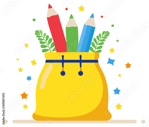Colorful drawing pencils in a yellow pouch with stars and leaves