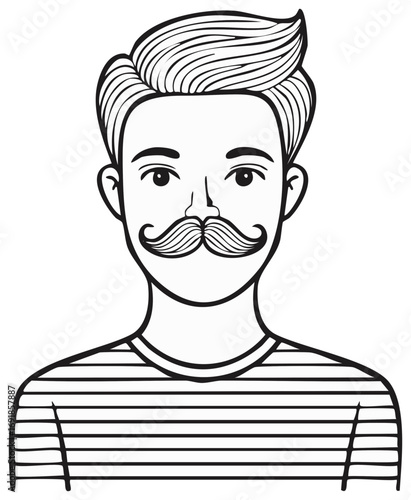 Line art portrait of a handsome young man with a curled handlebar mustache and a striped shirt