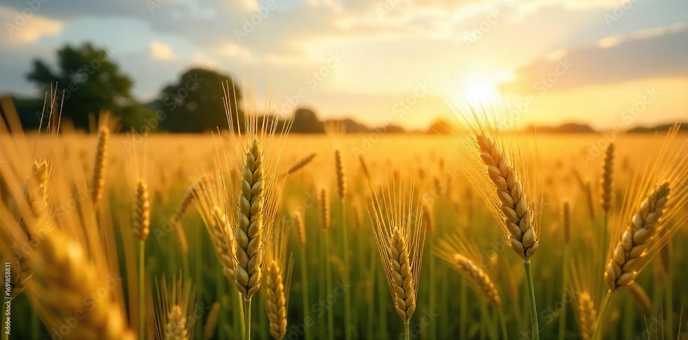 Obraz premium Golden hour sunlight bathes a lush field, ripe wheat swaying gently in the breeze, ready for harvest Abundant crops, bountiful harvest, rural scene, idyllic landscape , farm, field, sun