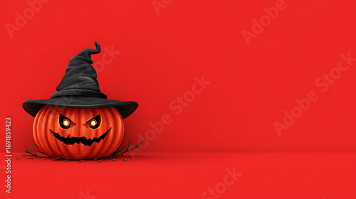 Halloween pumpkin with sinister expression and witch hat on a vibrant red background