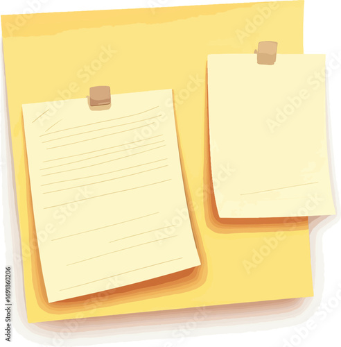 Empty yellow memo pads attached to a notice board, concept of office communication and organization