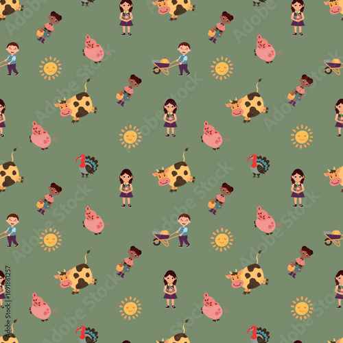 Seamless Pattern of Farm Animals and People. Design for fabric, textile, wallpaper, packaging, for children.	