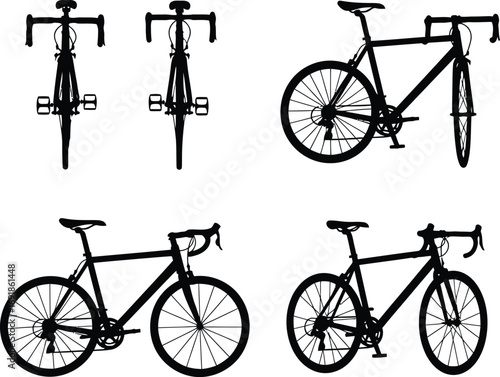 Four black bicycle silhouettes, showcasing different angles and perspectives of a road bike design