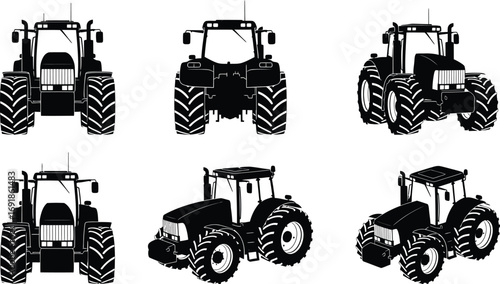 Collection of tractor silhouettes in various angles  for agricultural and farming designs