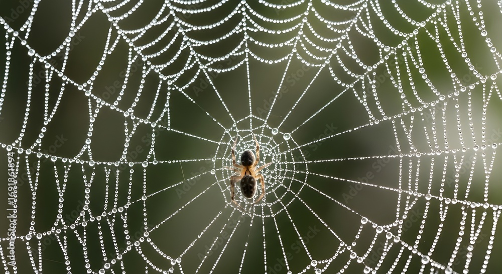 Obraz premium Dew-kissed spiderweb with a spider resting in its center, intricate details visible.