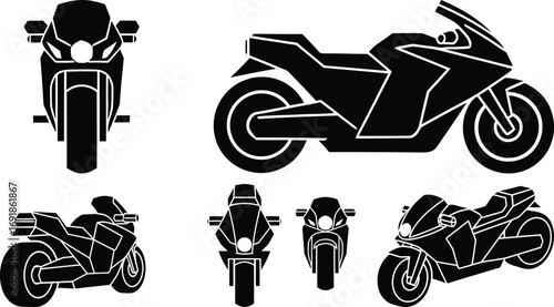 Six black motorcycle silhouettes, showcasing different angles and perspectives of a sport bike design