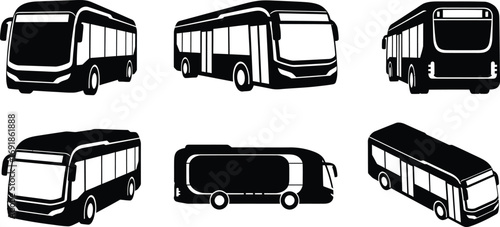 Various bus silhouettes, showcasing different angles and perspectives of modern public transportation vehicles