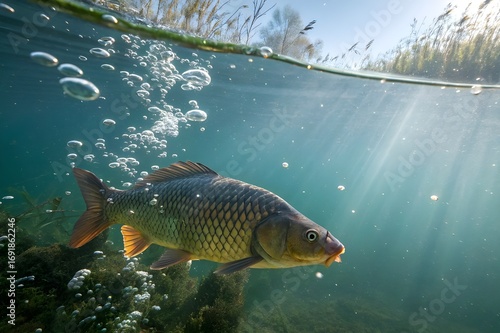 Carp swims gracefully beneath the surface in a sundrenched underwater scene