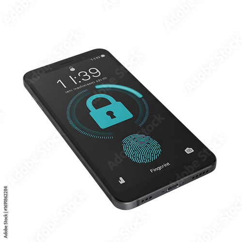 smartphone screen displaying secure fingerprint unlock and digital lock icon