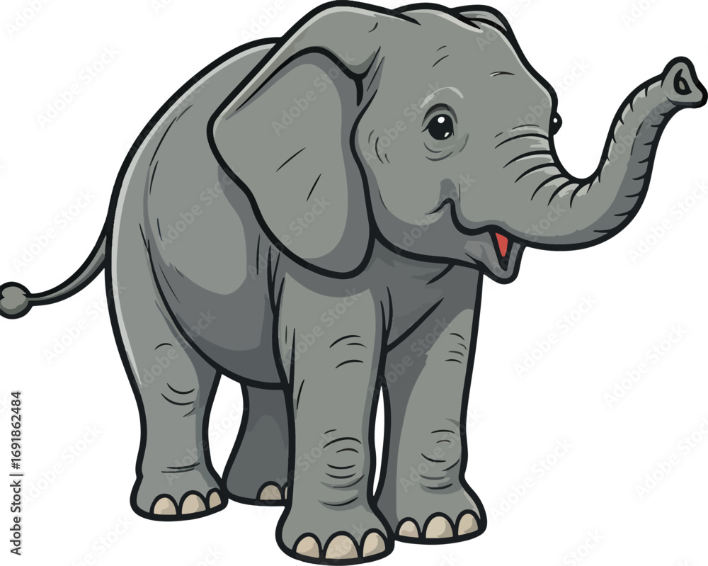 Obraz premium Adorable cartoon elephant character standing with a happy smile and raised trunk. A charming and playful gray animal mascot illustration isolated on a white background