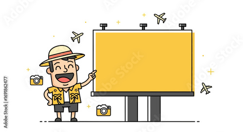 Tourist Points to Blank Billboard with Travel Theme