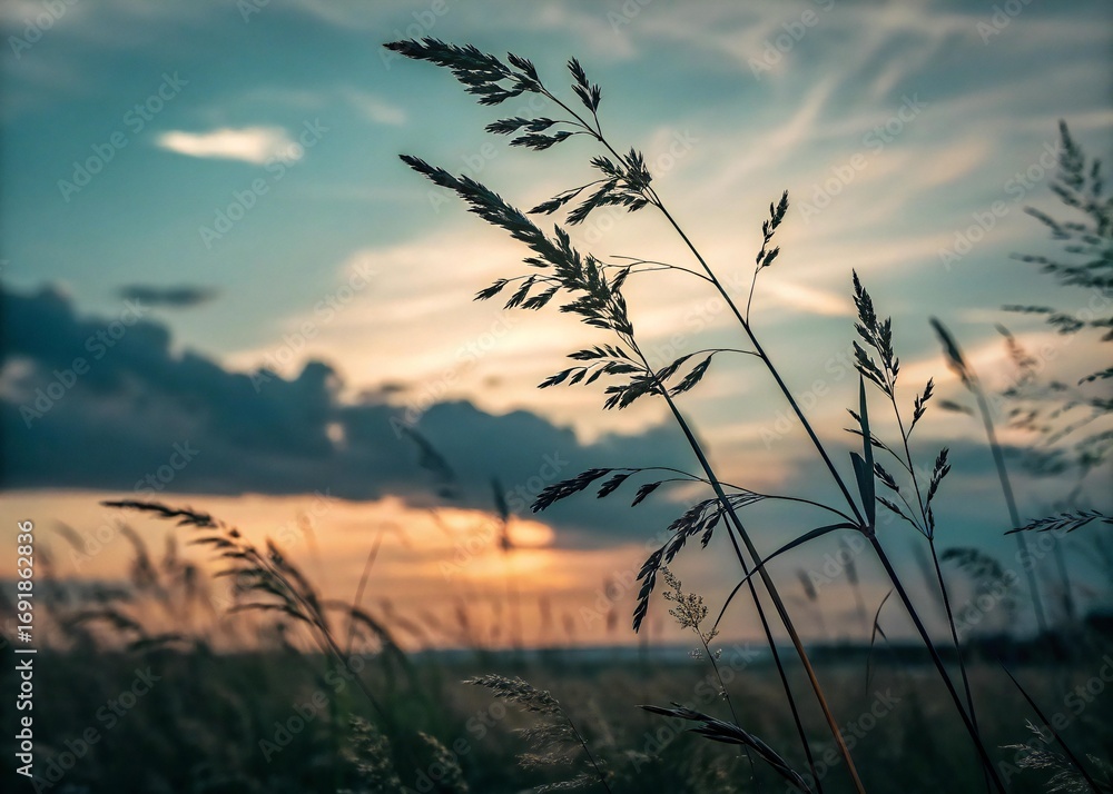 Obraz premium Silhouette of wild grass in field at sunset with dramatic sky nature background