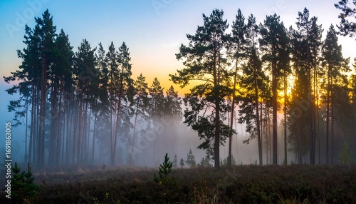 Sunrise through a misty forest