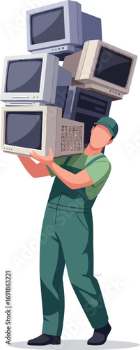 Man carrying stack of vintage CRT computer monitors and towers.