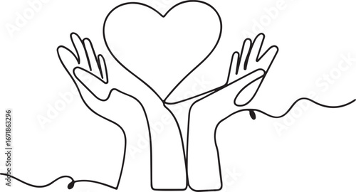 Hands cradling a heart one-line drawing of love and support
