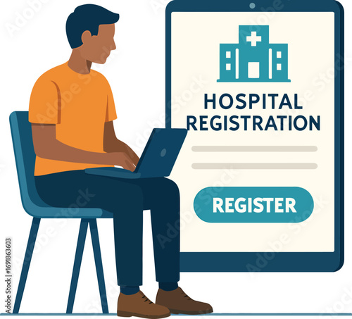 Man using laptop for hospital registration on digital screen.