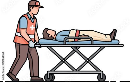 Paramedic Pushing Patient on Stretcher with Medical Cross Vest.