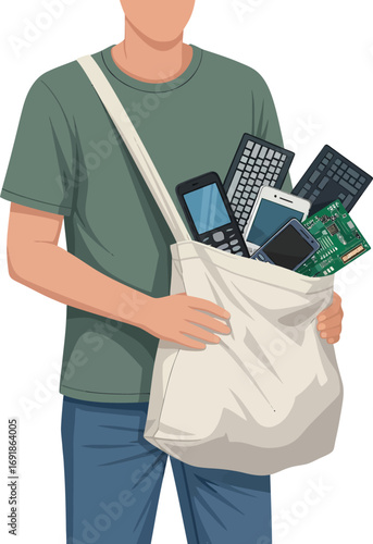 Person carrying a tote bag filled with electronic waste.