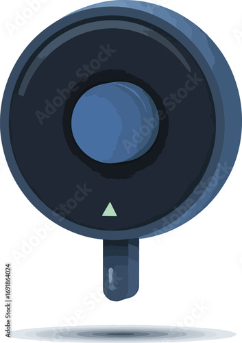 Sleek blue rotary control knob with a central push button and green indicator arrow, a user interface element for precise adjustments on a modern electronic device