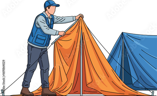 Person assembling an orange tent with a blue tent in the background.