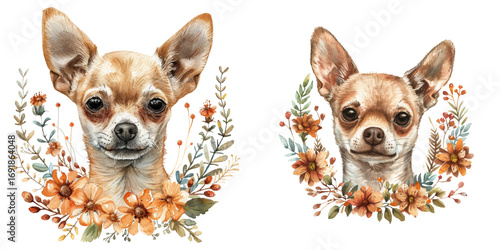 cute chihuahua with flowers wreath watercolor vector illustration