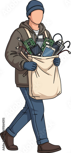 Person carrying bag full of electronic waste and circuit boards.