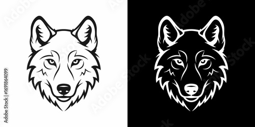 A stylized black and white wolf head flat illustration logo