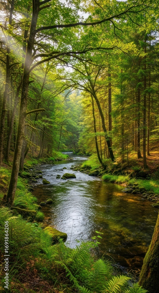 Obraz premium Serene Forest Stream - Sunlight Filtering Through Lush Greenery.