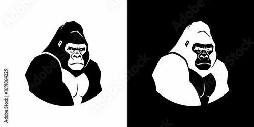 Black and white gorilla bust looking forward flat illustration logo