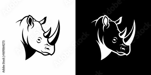 Black and white rhinoceros head profile looking right flat illustration logo