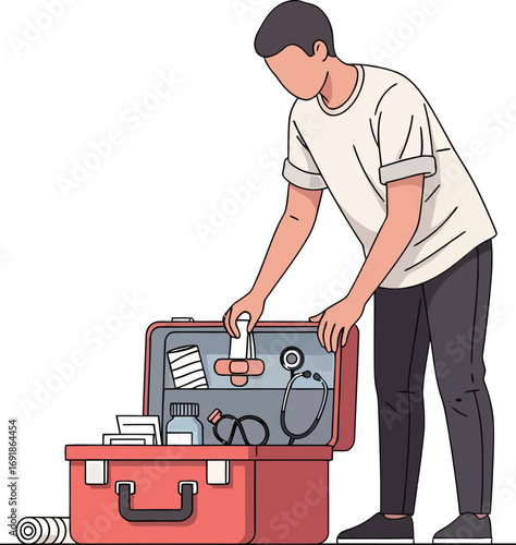 Person organizing a red first aid kit with medical supplies.