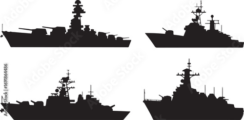 Silhouette Collection of Warships Naval Vessels on Transparent Background Vector Illustration