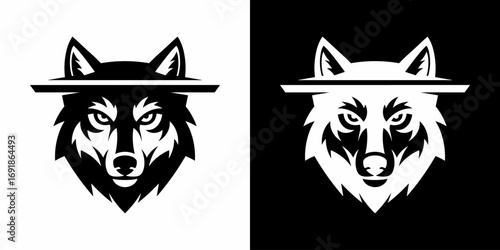 Black and white wolf head logo with horizontal bar flat illustration logo