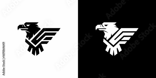 Black geometric eagle head body and wing flat illustration logo on white