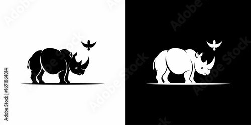 Black rhinoceros standing with a small black bird flying above flat illustration logo