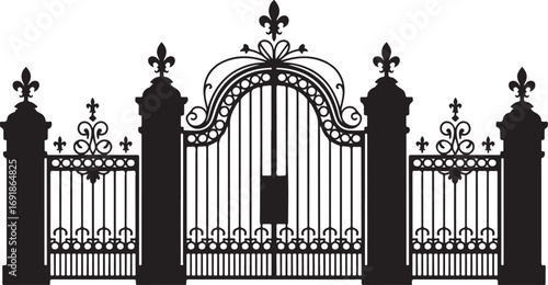 Ornate Iron Gate Silhouette Vector Illustration with Fleur-de-Lis Accents and Decorative Scrollwork