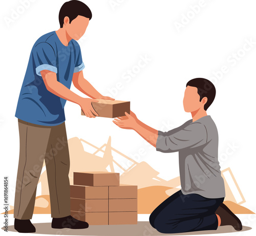 Two men exchanging cardboard boxes one standing one kneeling.