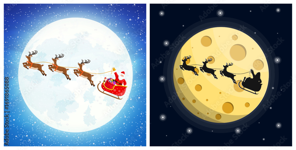 Naklejka premium Santa man on sleigh with reindeer flying against moon in night sky concept. Christmas Eve holiday celebration.