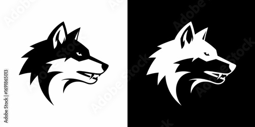 Black stylized wolf head mascot with bared teeth flat illustration logo